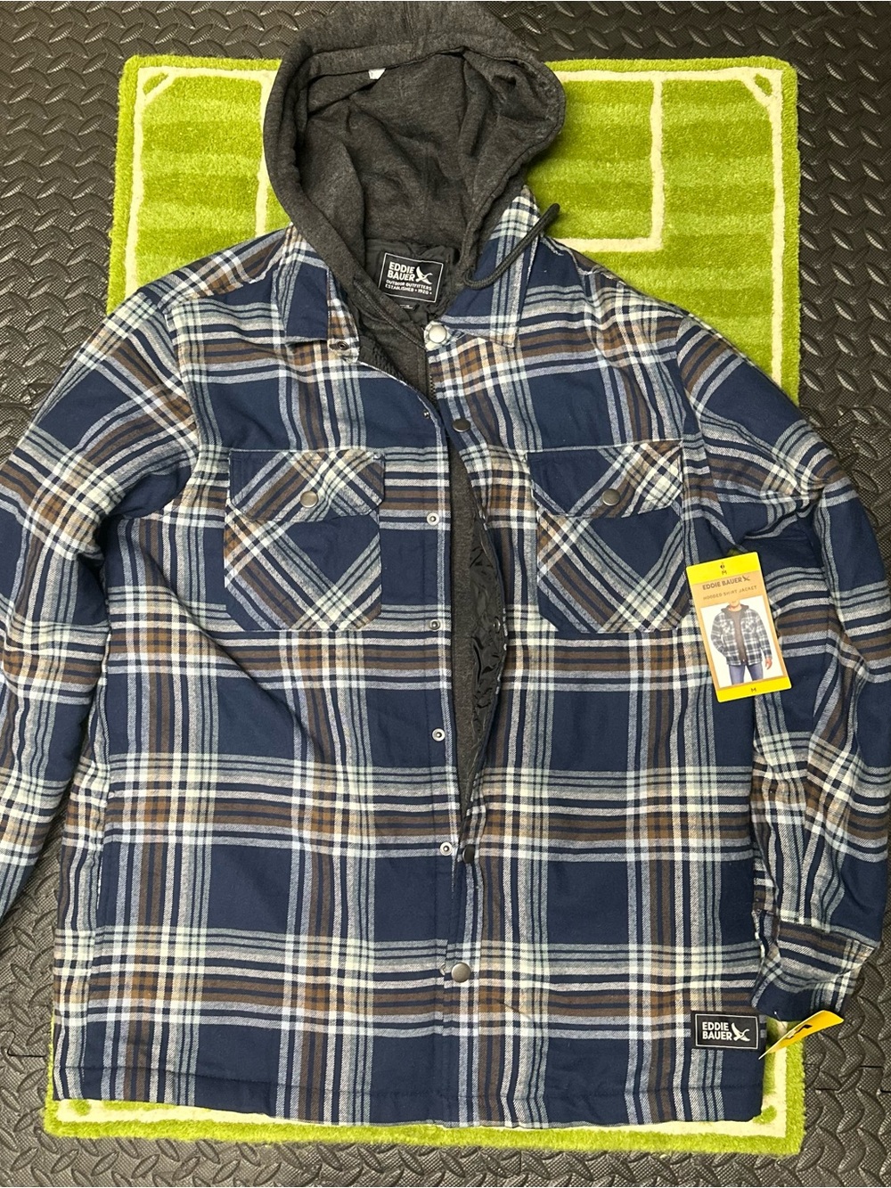 Eddie Bauer Men's Quilted Lined Hooded Flannel Shirt Jacket Plaid Medium